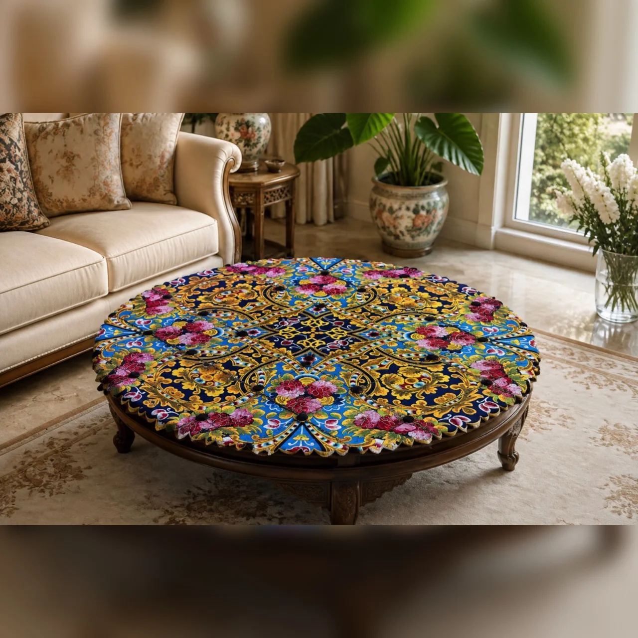 رومیزی مخمل‌‌کوبیده قطر حدود ۹۰ سانت بدون آستر