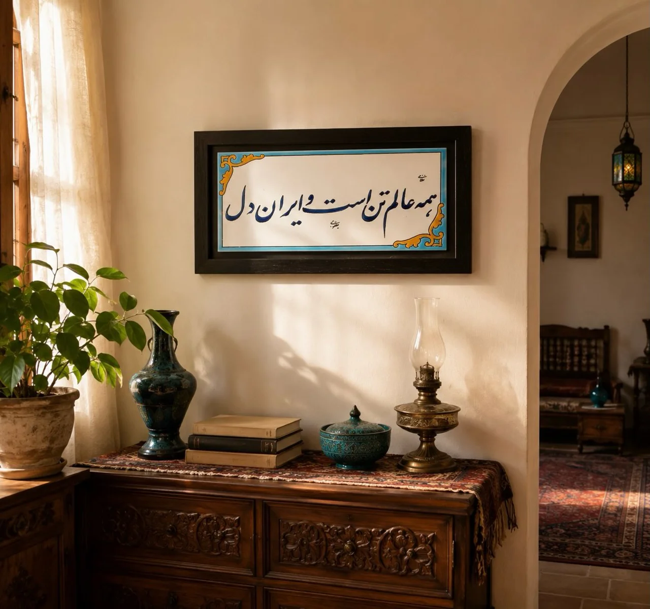 تابلو شعر دیوارکوب با قاب ام دی اف و کاشی وسط 18x30 سانت
