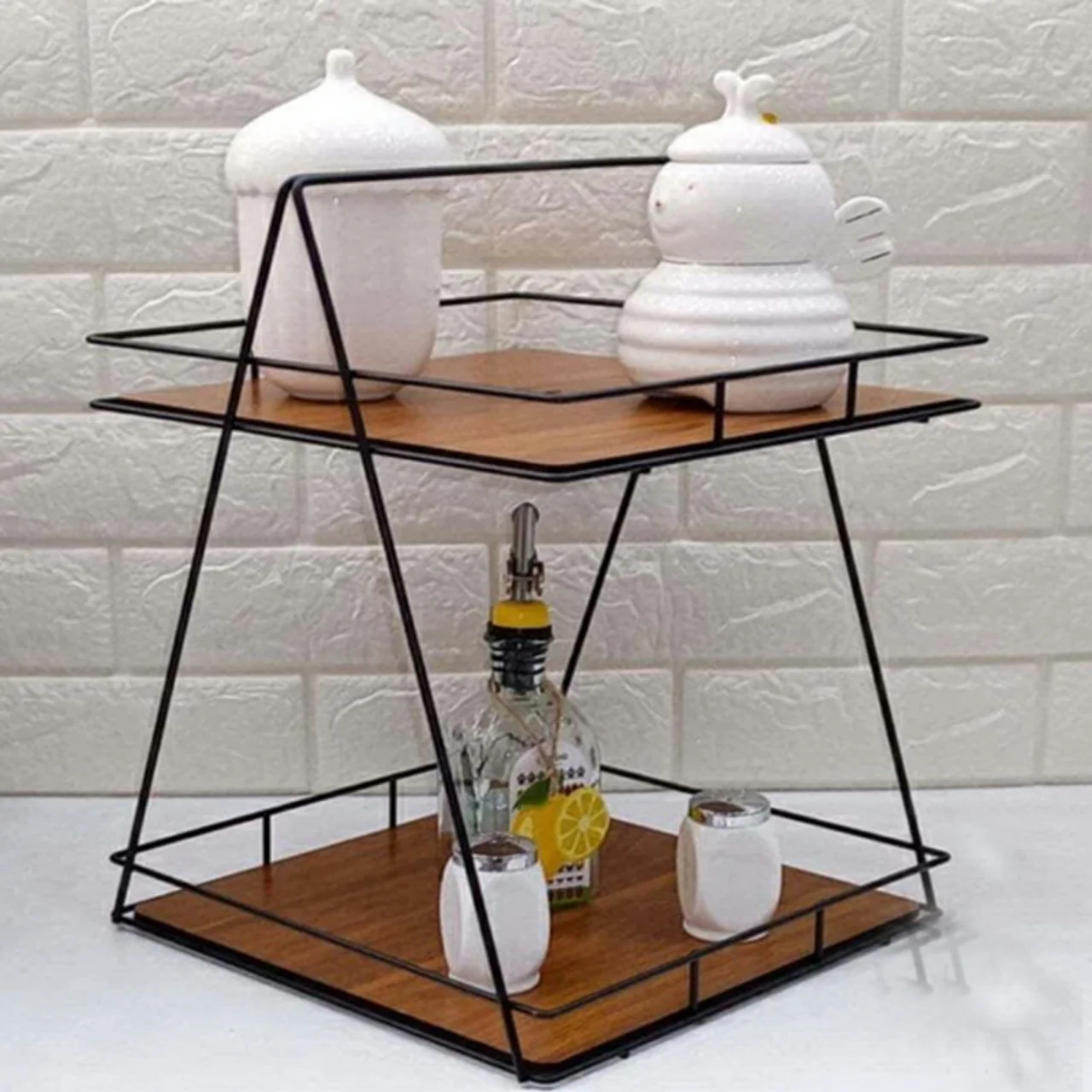 استند پذیرایی دو طبقه MDF و فلز مدل دو طبقه کف چوبی با طراحی مربع و وزن 615 گرم، مناسب سرو 102553652