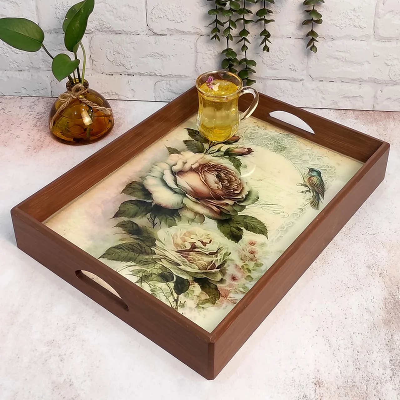 سینی دستساز چوبی رزینی طرح گل رخ 102853844