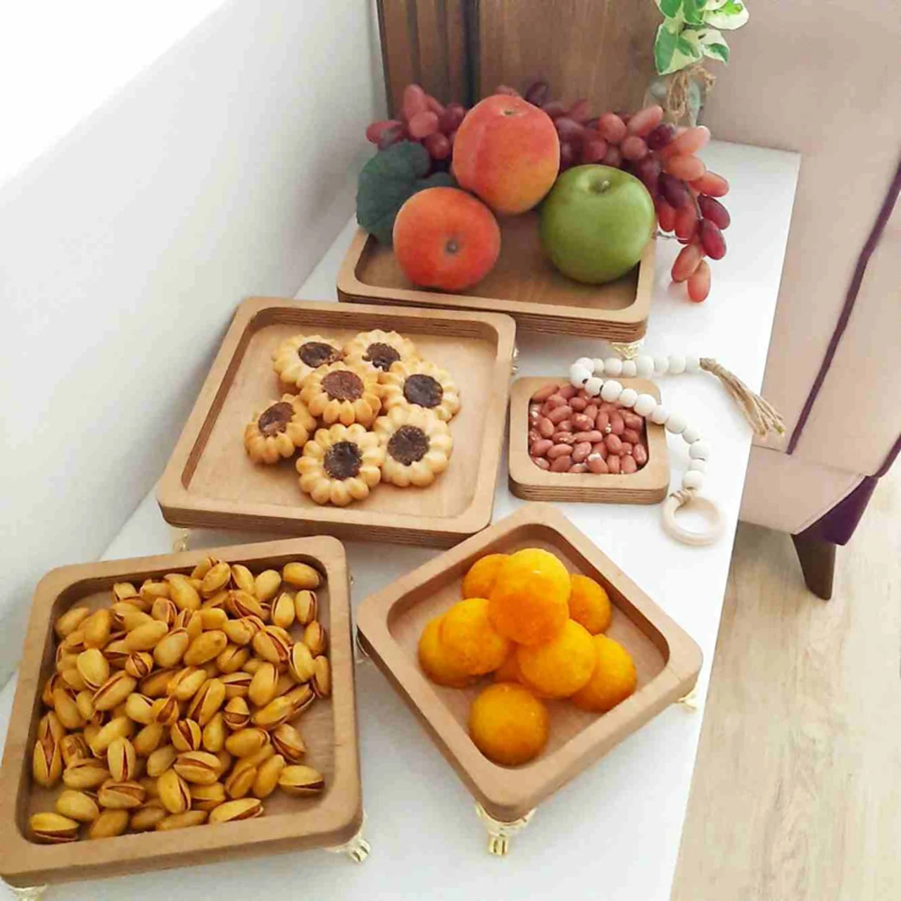 ظرف سرو چوبی پایه‌دار مدل ply05 مجموعه 5 عددی از چوب روس باکیفیت، ضدآب و بادوام مناسب آجیل 102553548