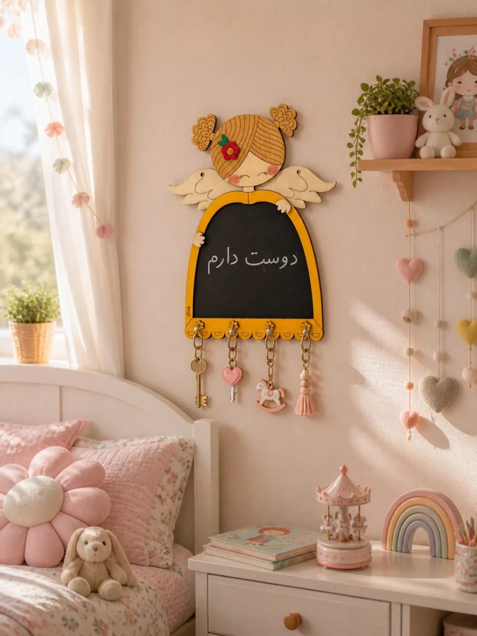 جاکلیدی دیوارکوب طرح فرشته با تخته سیاه مناسب نوشتن با گچ